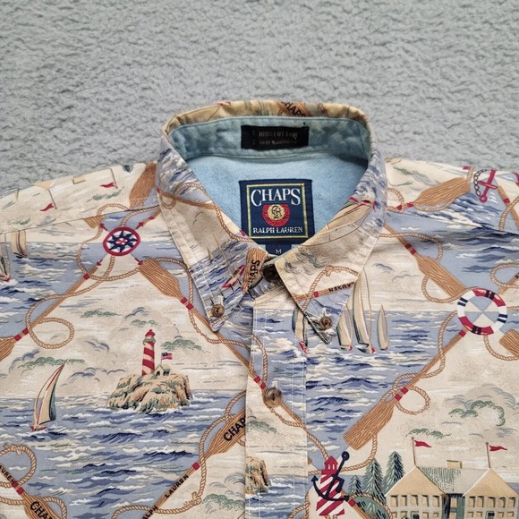 Chaps Ralph Lauren Shirt Mens Medium Tan All Over Print Nautical Light House - Picture 2 of 13